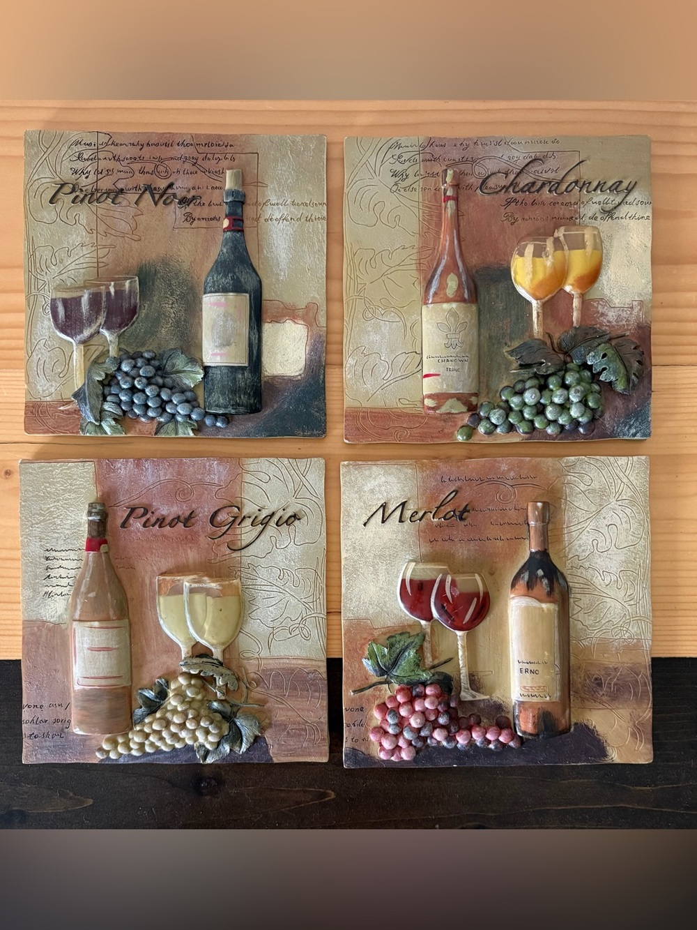 Set of Four 80’s Wine Art Vintage-style 3D Tiles Rustic Tuscan-inspired Charm